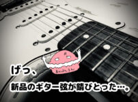 モノクロのギター弦　ブログ記事「げっ、新品のギター弦が錆びとった…」のアイキャッチ